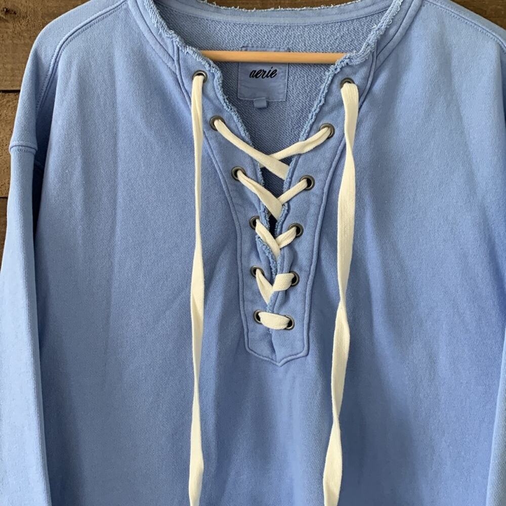 Aerie Women's Lace Up Oversized Distressed Sweatshirt in Blue White - Picture 4 of 8